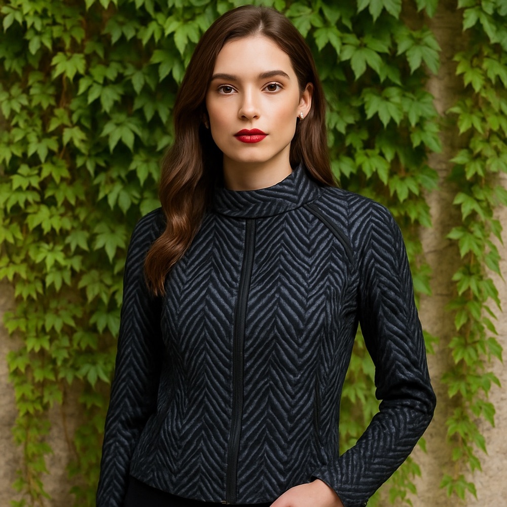 SANDRO Black and Gray Chevron Knit Fitted Jacket, M